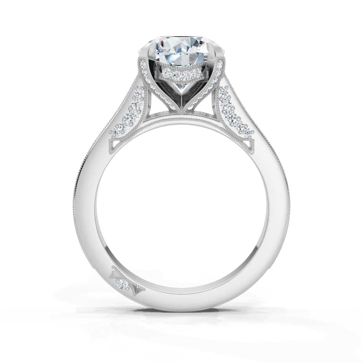 18K Solid Gold 2 CT Round Diamond Ring with Pavé Diamond Accents