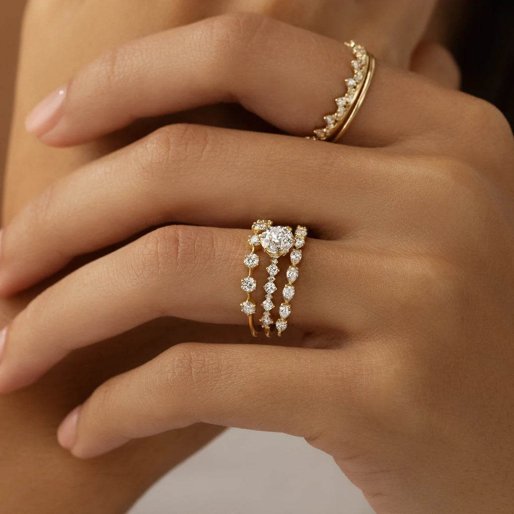 Solid Gold Wavelet Ring | 0.9ct. Round Cut Diamond Moissanite Ring