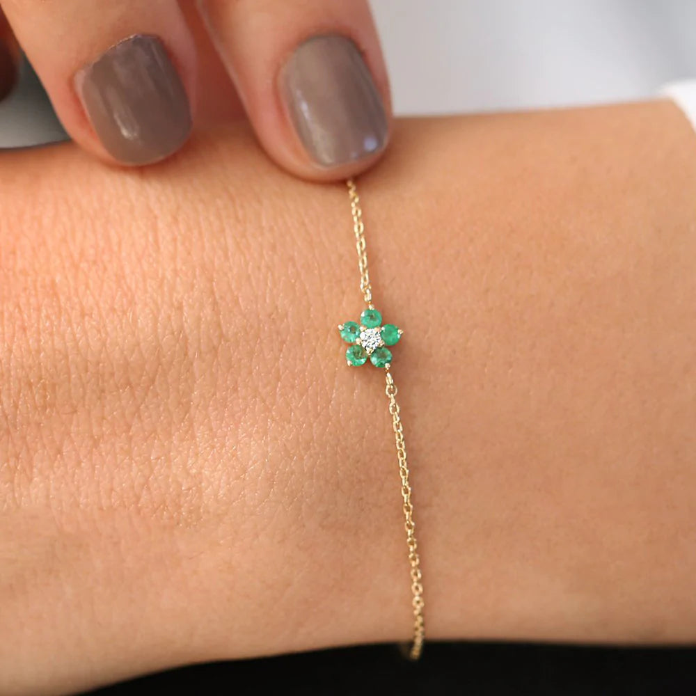 Solid Gold Emerald and Diamond Flower Charm Bracelet