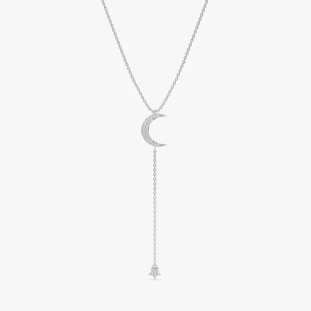 Solid Gold Diamond Moon and Star Lariat Necklace (A941E0)