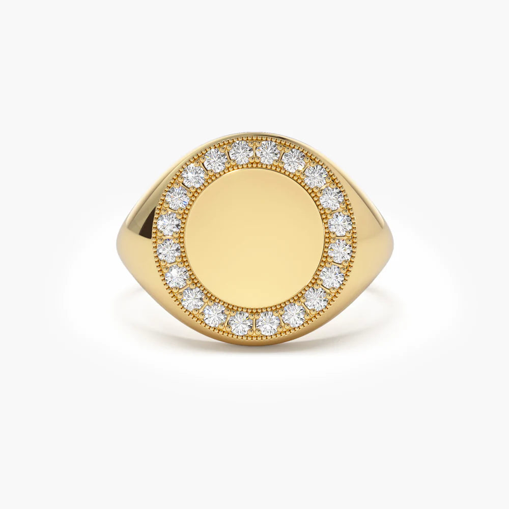 Solid Gold Diamond Round Signet Ring