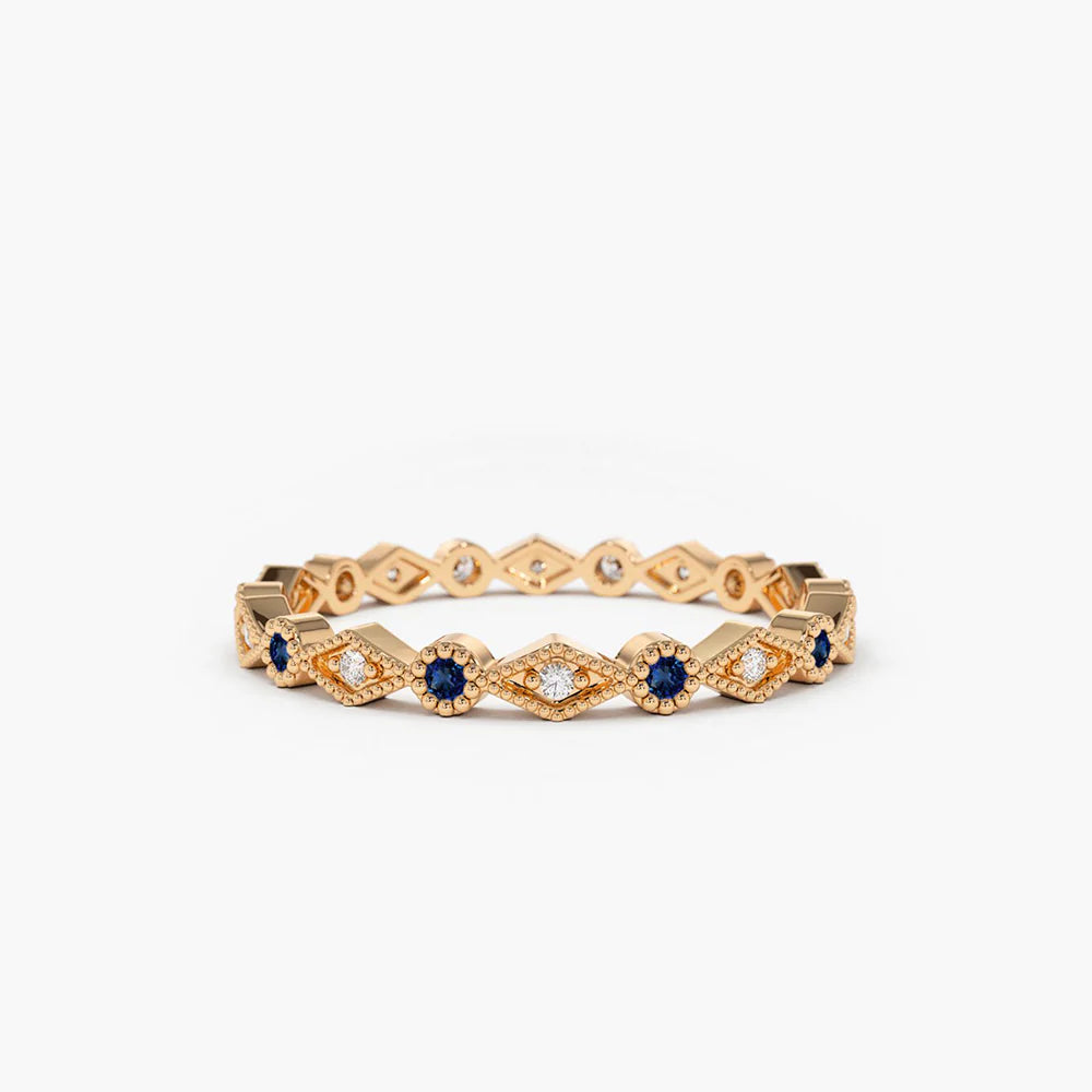 Solid Gold Sapphire Art Deco Wedding Band