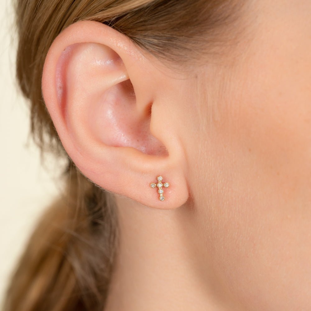 Solid Gold Diamond Cross Stud Earrings