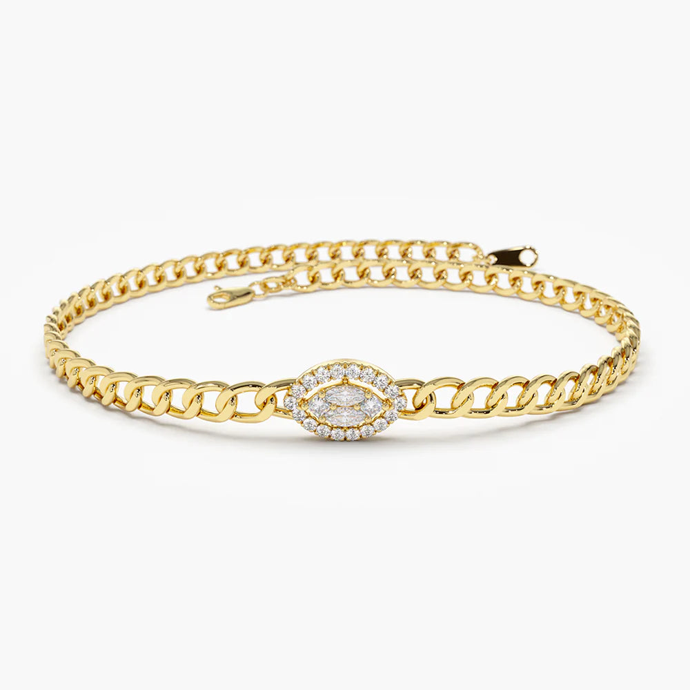 Solid Gold Curb Link Marquise Diamond Illusion Setting Bracelet