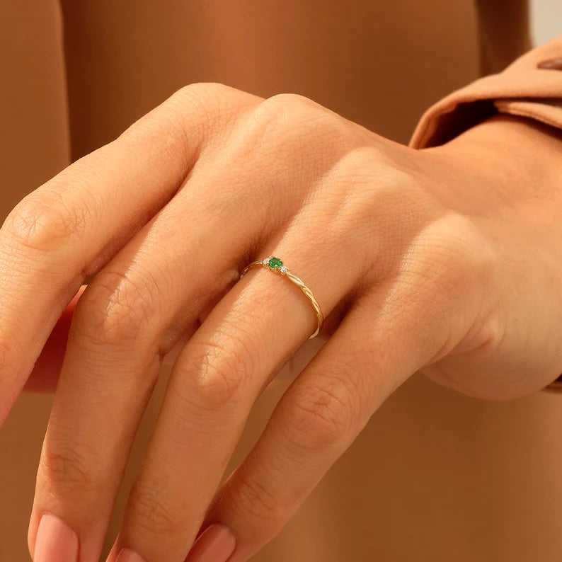 Solid Gold Emerald Minimal Twisted Solitaire Ring