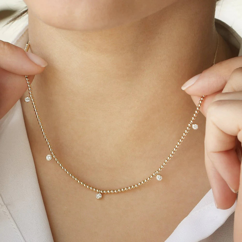 Solid Gold 2MM Bead Necklace with Dangling Bezel Setting Diamonds