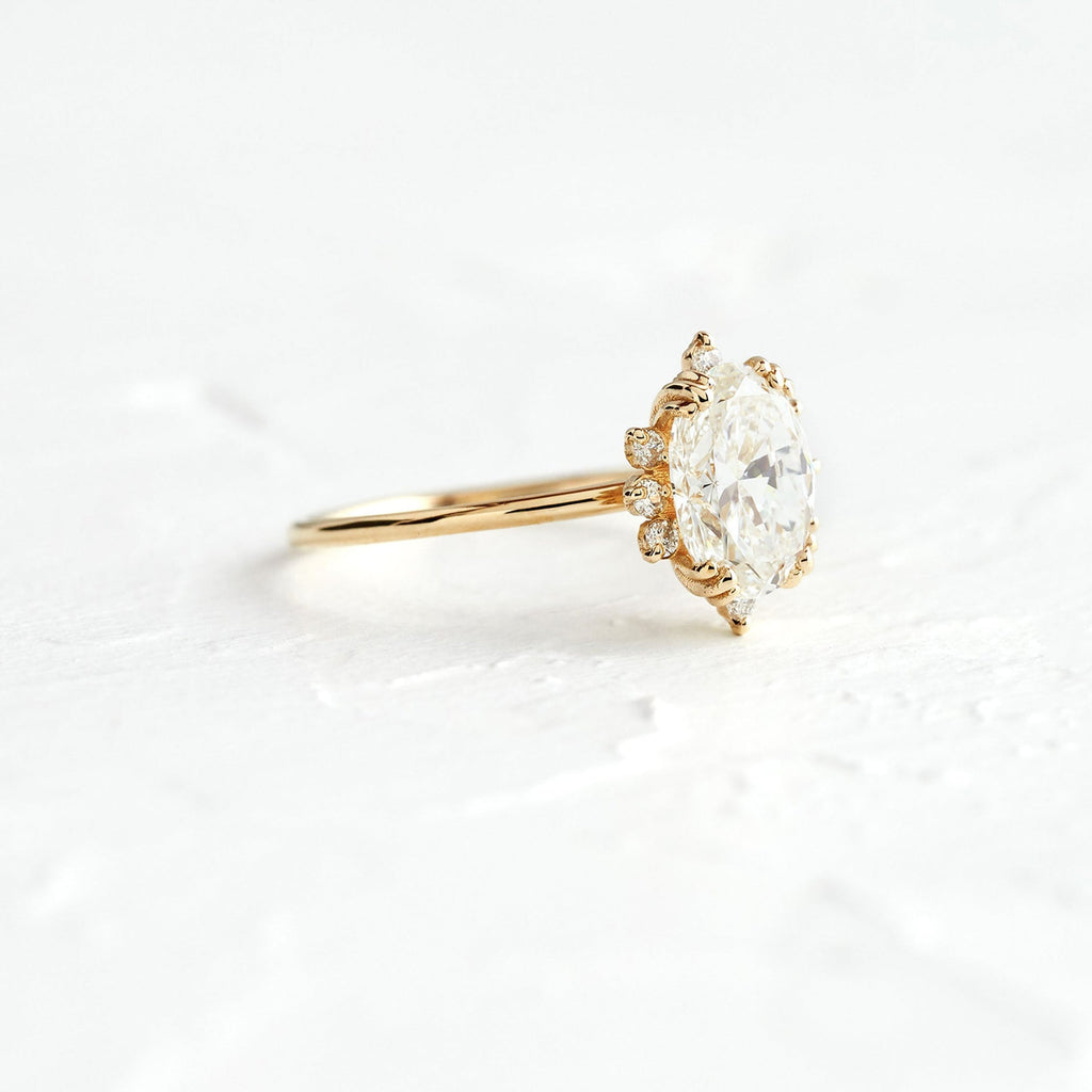 Solid Gold Threaded Ring with Halo, Oval Cut Diamond Engagement Ring