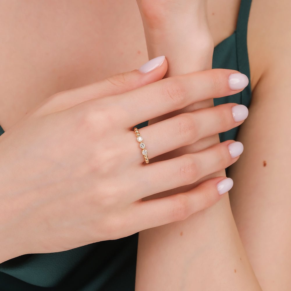 Solid Gold Bezel Diamond Beaded Ring