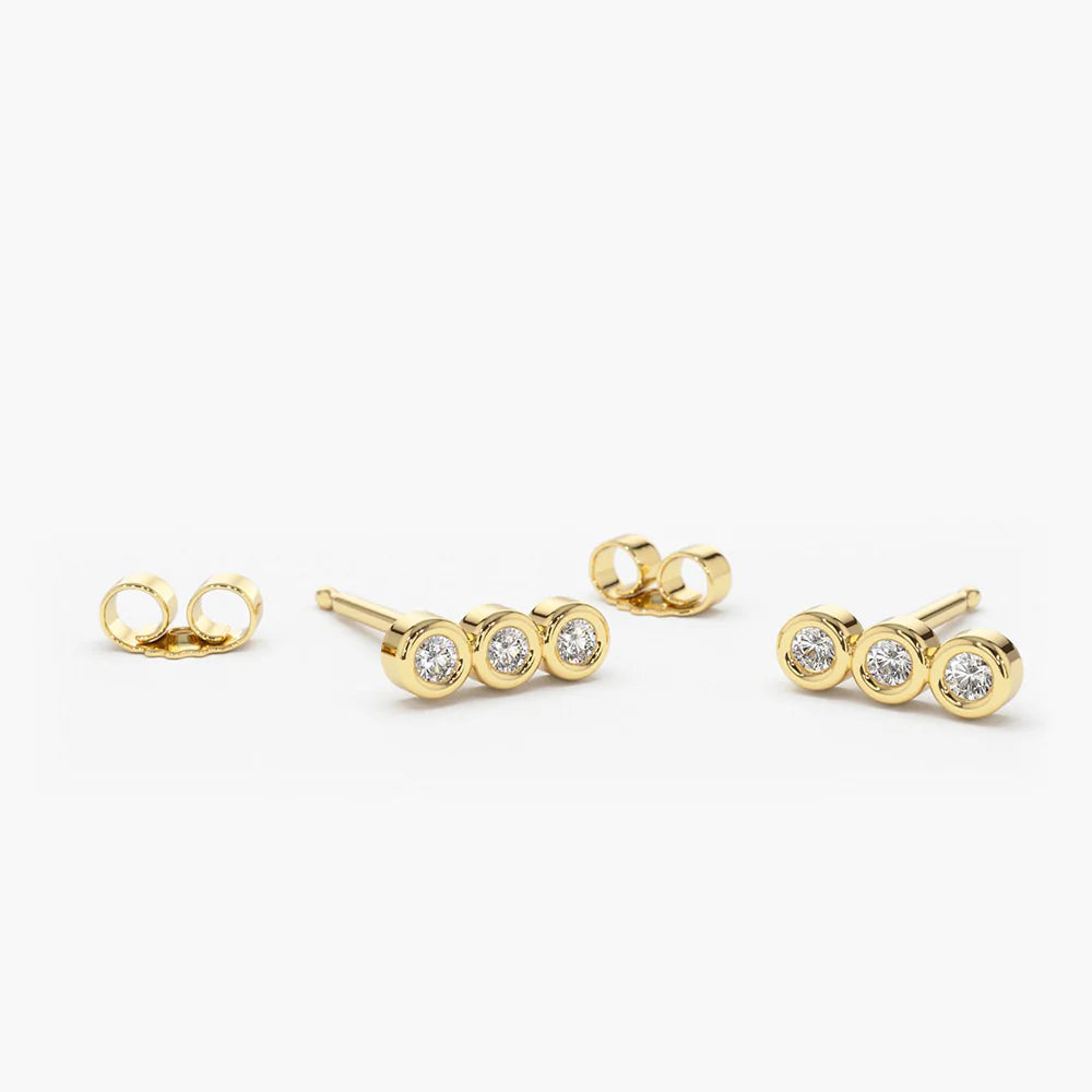 Solid Gold 3 Stone Lab-Grown Diamond Bezel Earrings