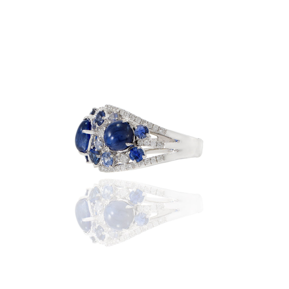 Solid Gold Cabochon Blue Sapphire and Diamond Ring