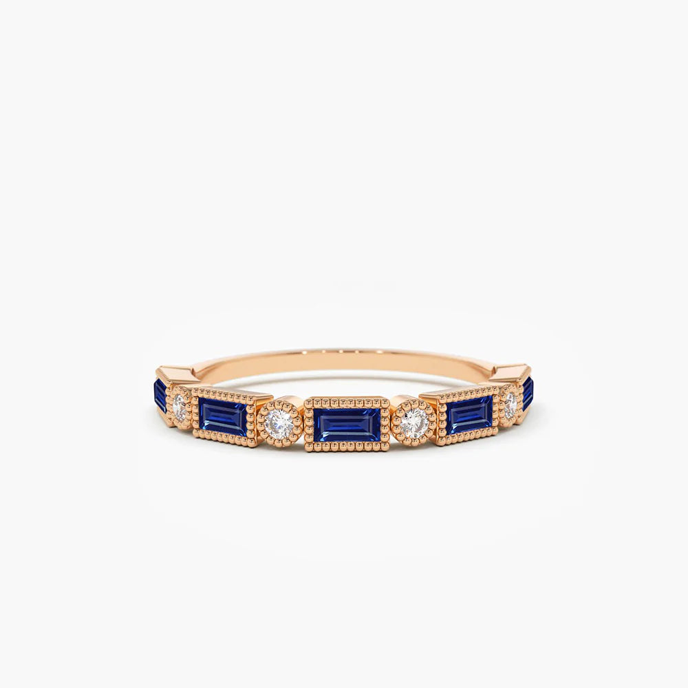 Solid Gold Sapphire Baguette and Diamond Ring (0324D0)