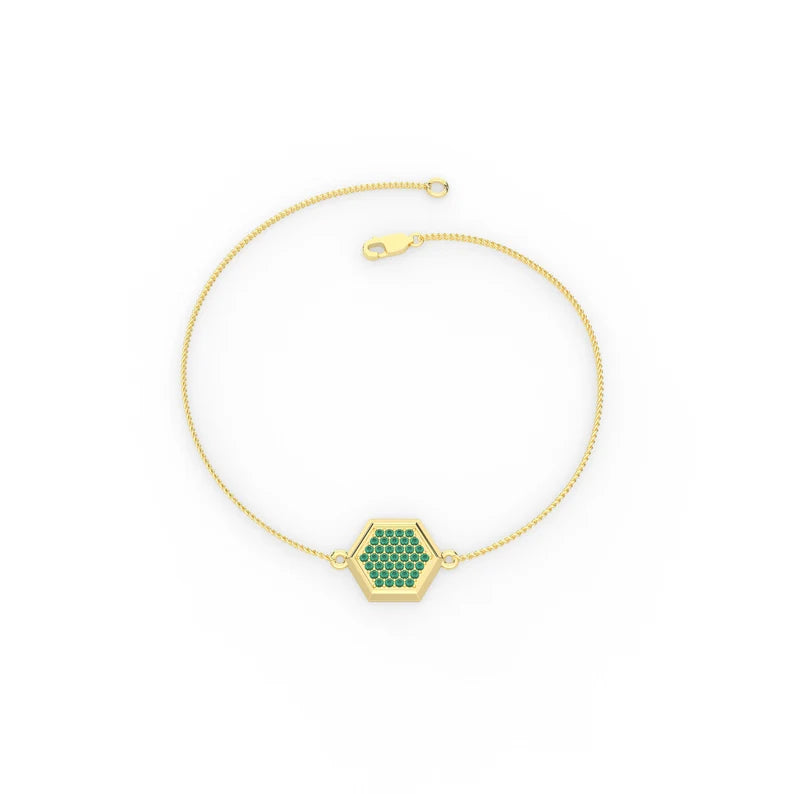 Solid Gold Natural Emerald Hexagon Chain Bracelet