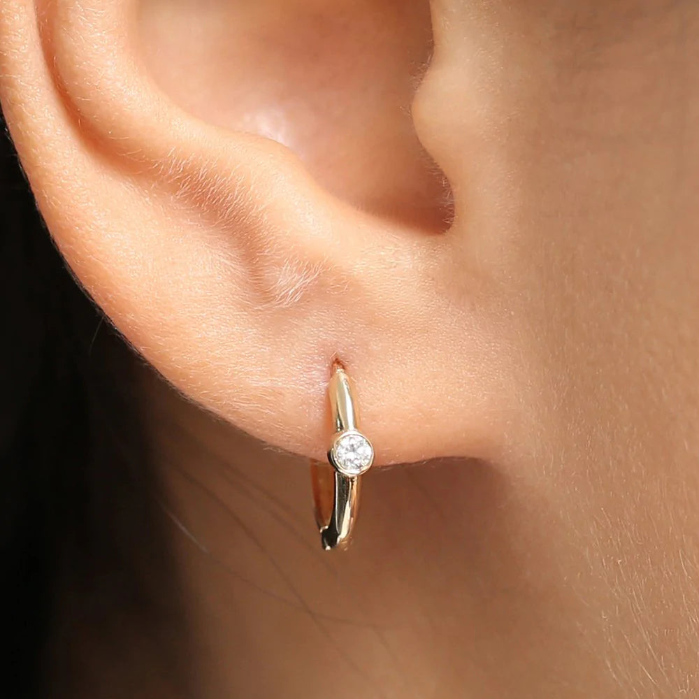 Solid Gold Single Bezel Set Diamond Hoops