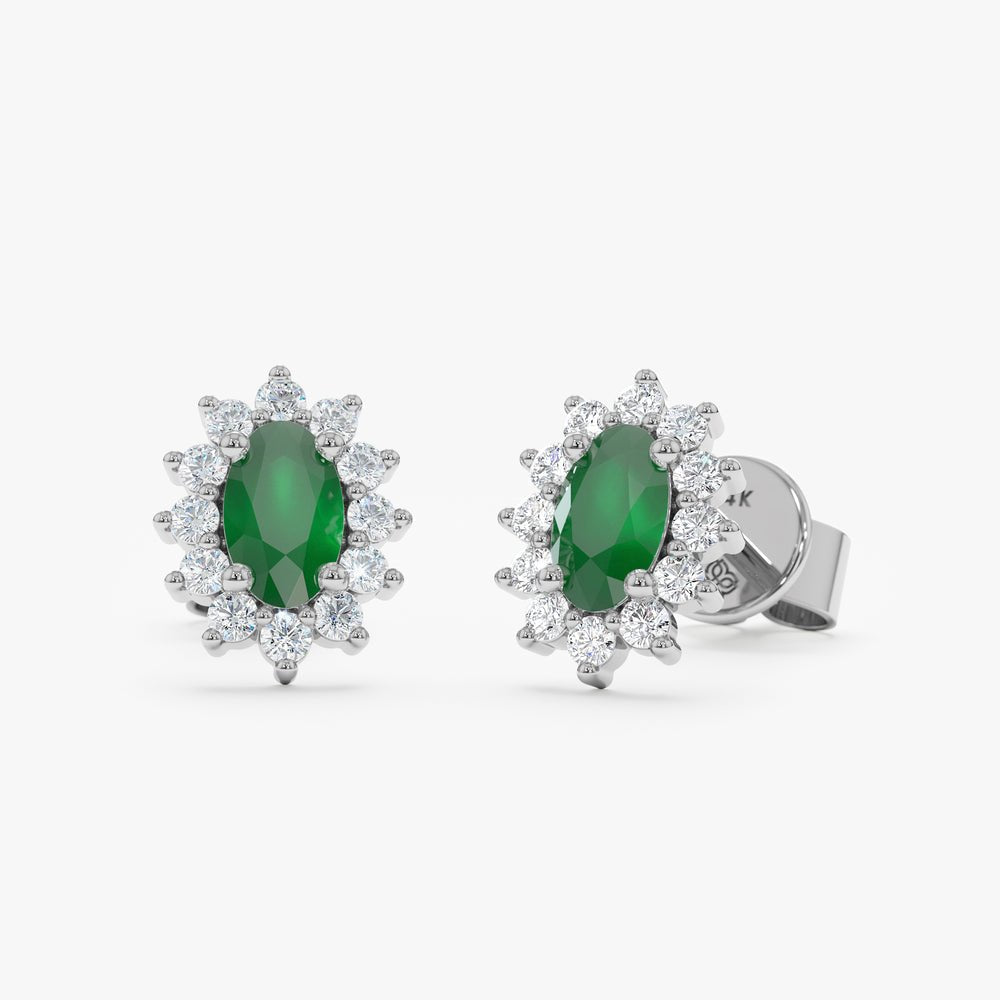 Solid Gold Oval Emerald Halo Diamond Studs