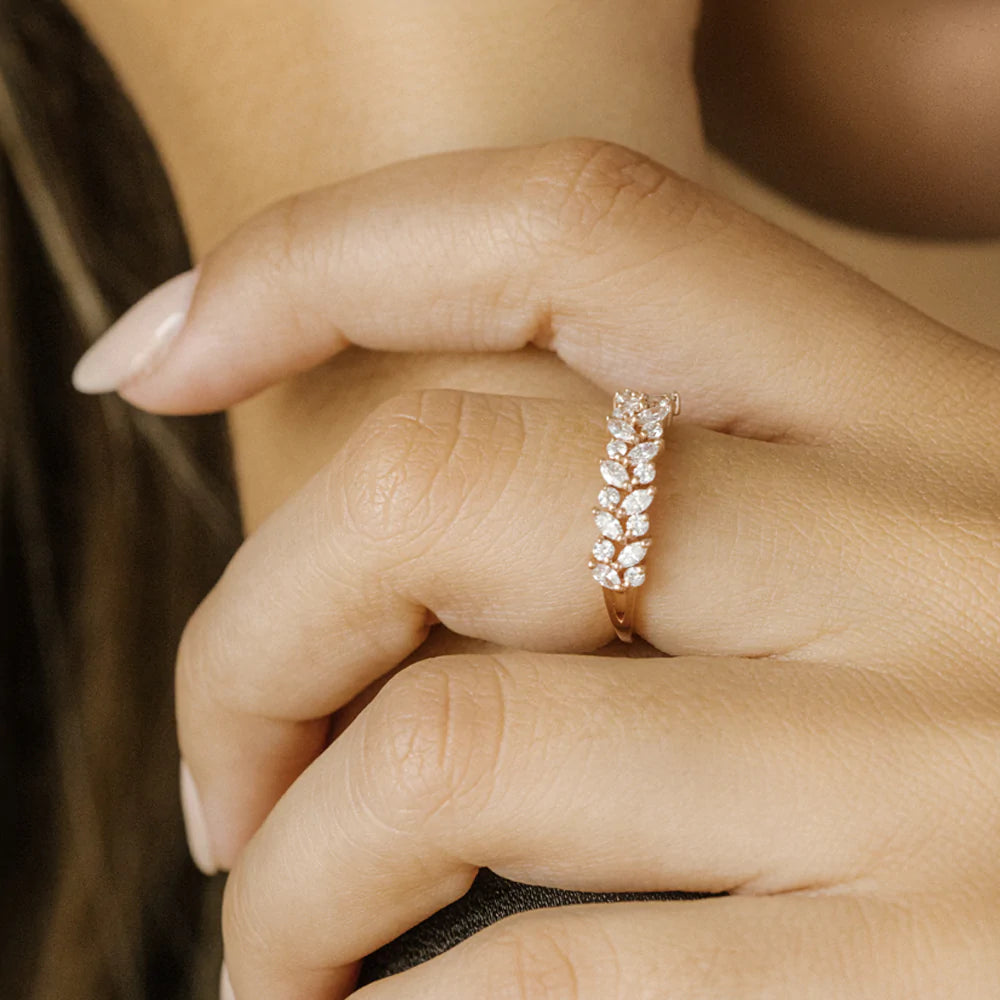 Solid Gold Two Row Marquise & Round Diamond Ring