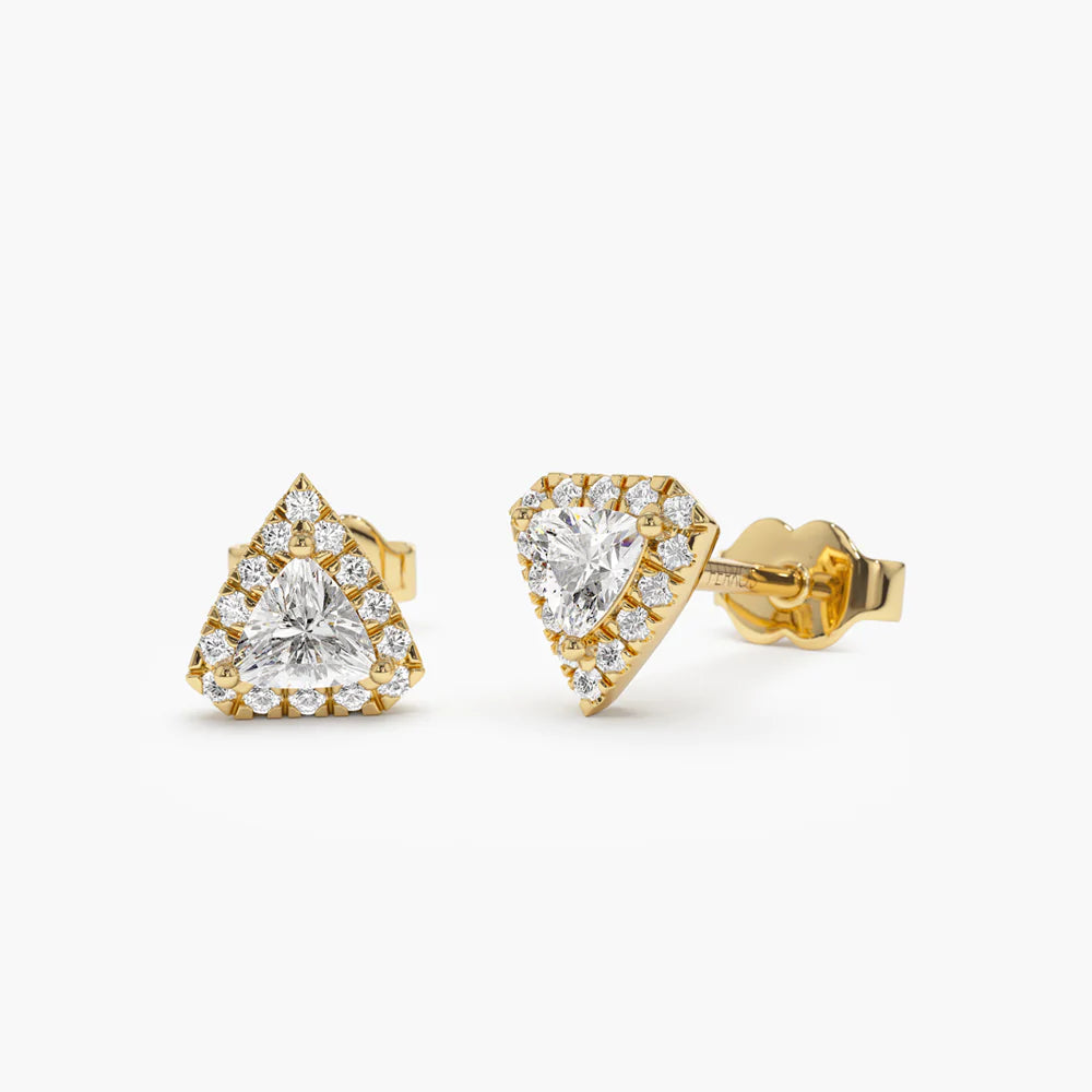 Solid Gold Petite Trillion Diamond Studs with Halo Setting