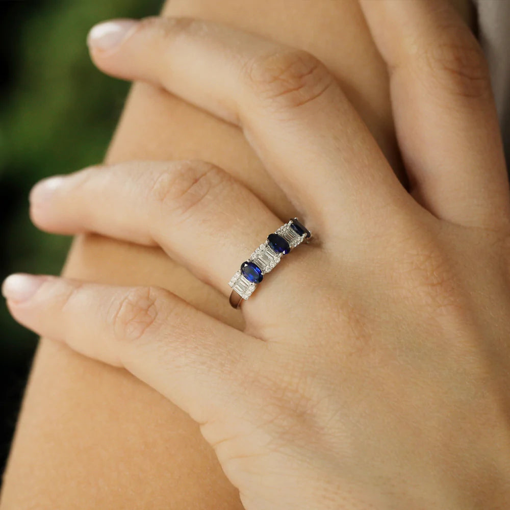 Solid Gold Baguette & Round Diamond with Genuine Sapphire Ring