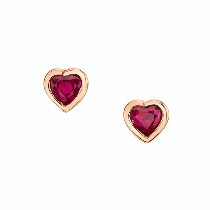 Solid Gold Bezeled Heart Ruby Studs
