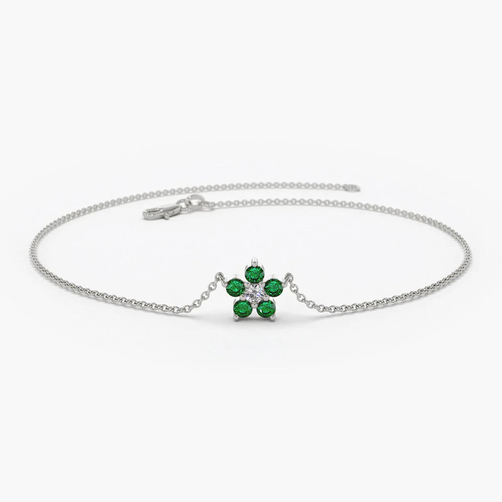 Solid Gold Emerald and Diamond Flower Charm Bracelet