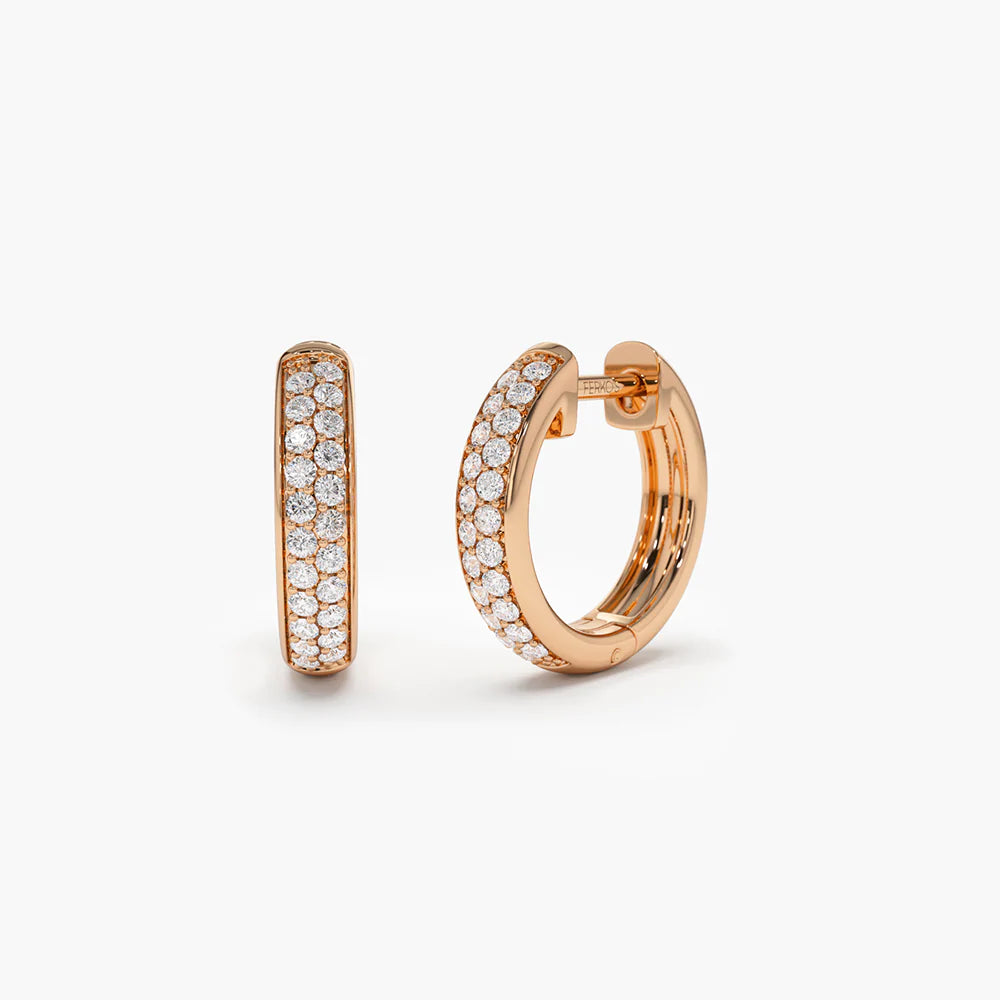 Solid Gold Double Row Micro Pave Petite Diamond Hoops