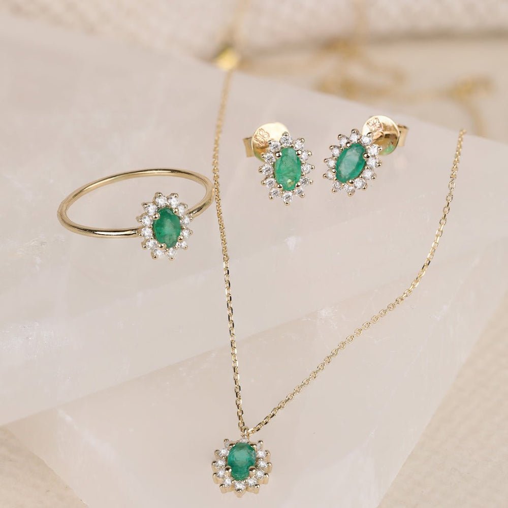 Solid Gold Oval Emerald Halo Diamond Studs
