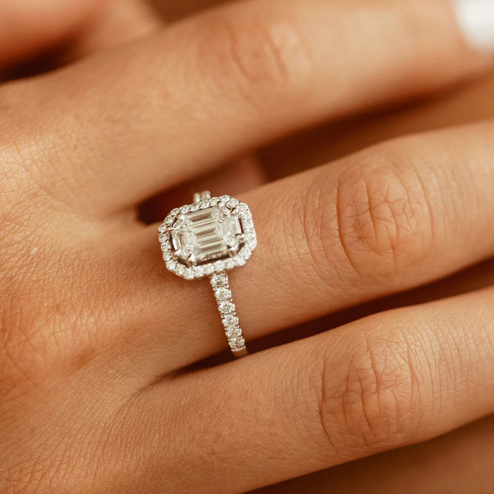 Solid Gold Emerald Cut Illusion Halo Setting Engagement Ring
