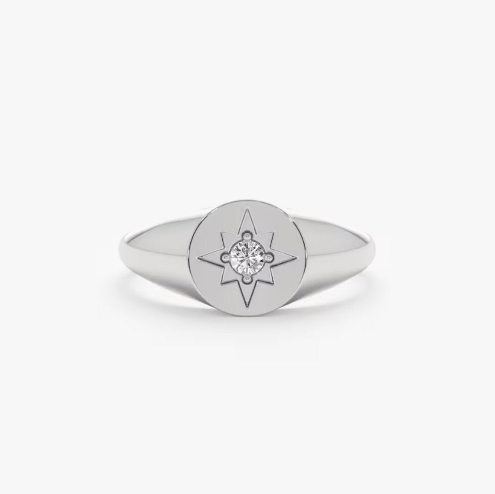 Solid Gold Diamond Starburst Signet Ring