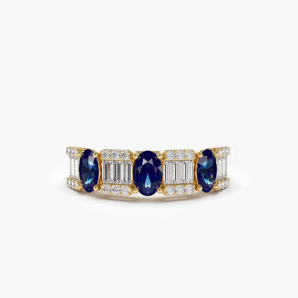 Solid Gold Baguette & Round Diamond with Genuine Sapphire Ring