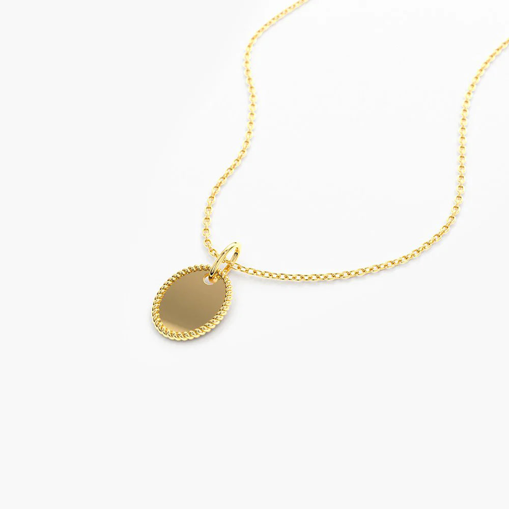 Solid Gold Mini Oval Initial Tag with Twist Rope