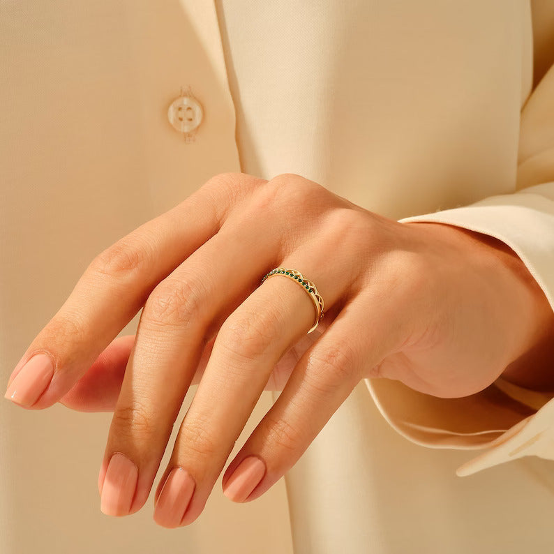 Solid Gold Emerald Celtic Wedding Band Ring