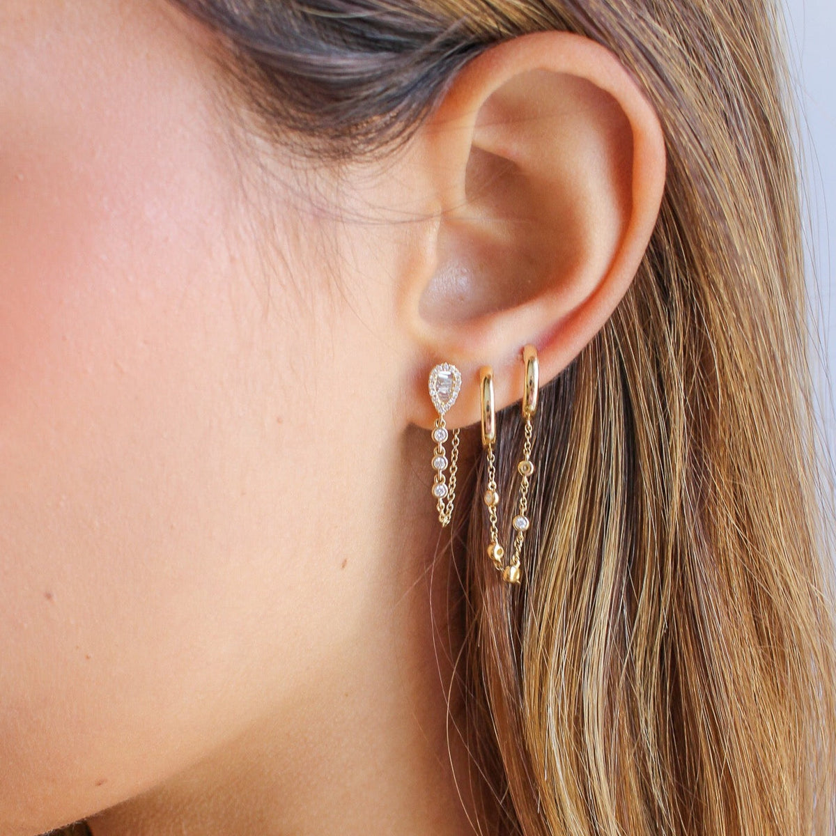 Solid Gold Hoop Spaced Bezel Diamond Connecting Earring