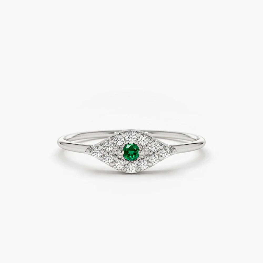 Solid Gold Diamond and Emerald Evil Eye Ring