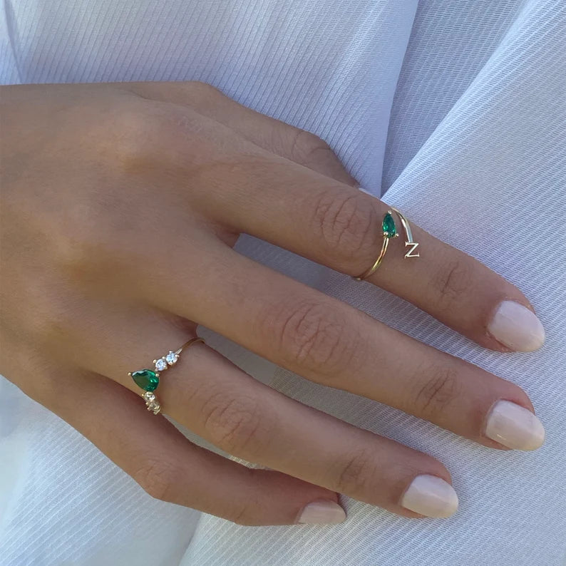 Solid Gold Pear Emerald Anniversary Ring
