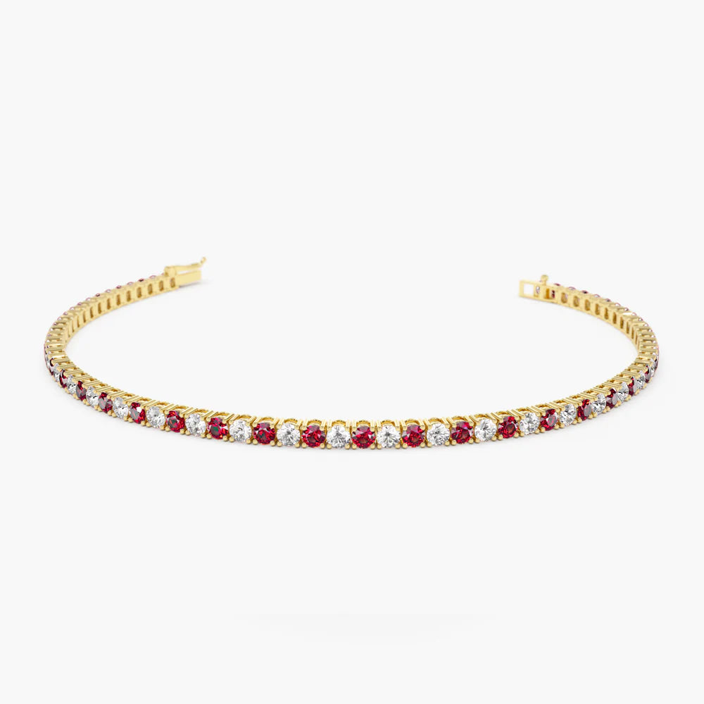 Solid Gold Prong Setting Diamond and Ruby Tennis Bracelet