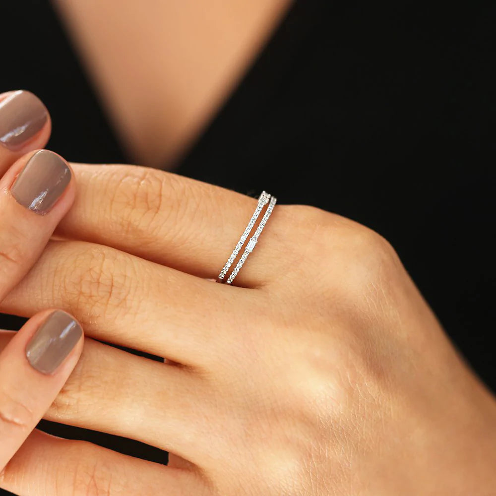 Solid Gold Unique Double Row Micro Pave Statement Ring