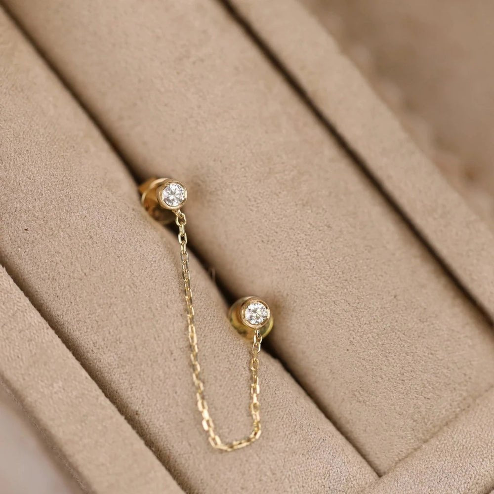 Solid Gold Double Diamond Hanging Chain Studs