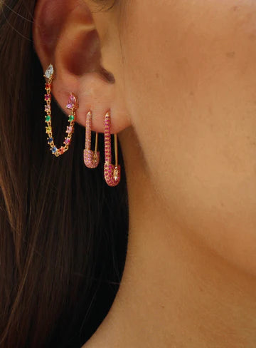 Solid Gold Loop Earring With Pink Sapphire And Diamond Pear Studs