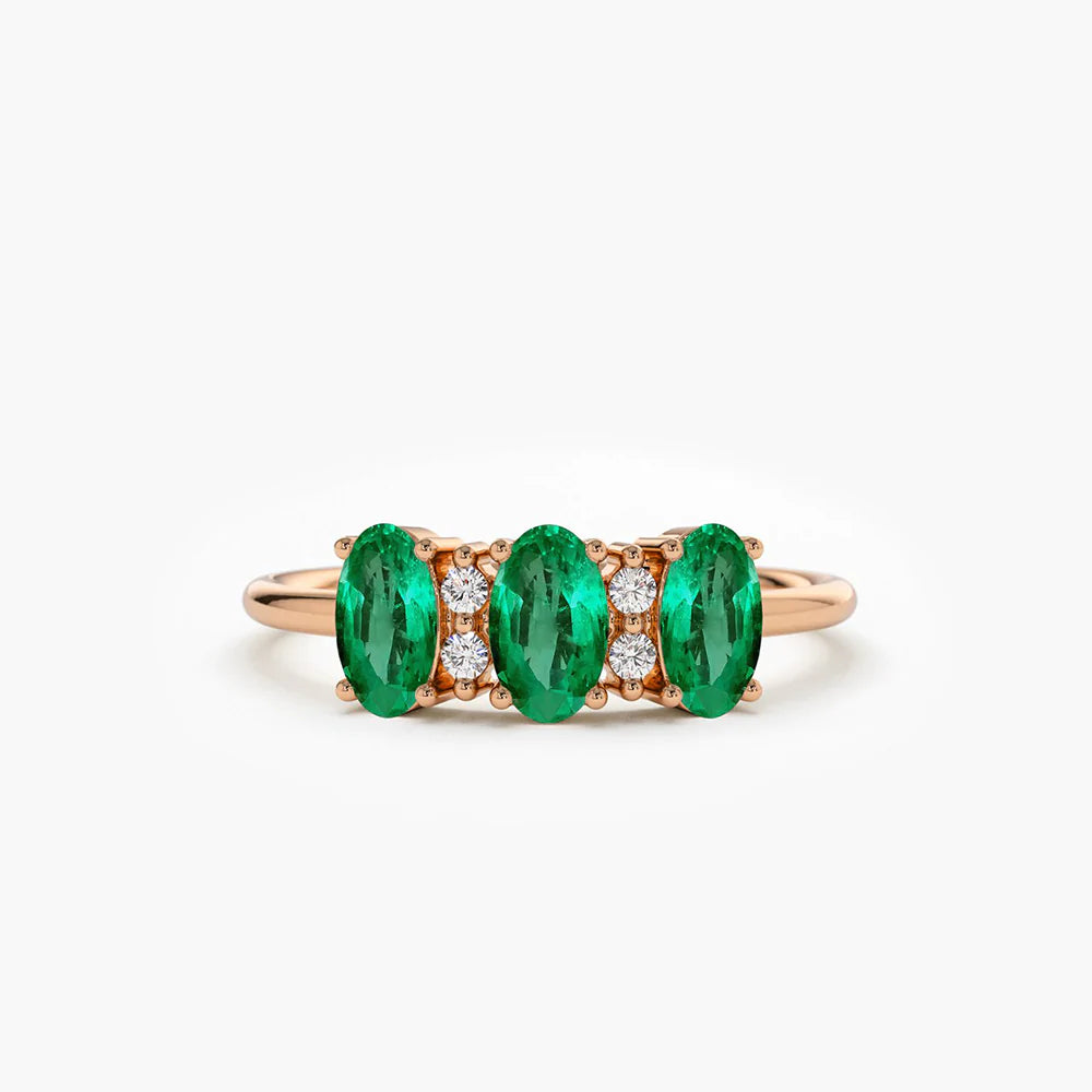Solid Gold Triple Oval Emerald Diamond Ring