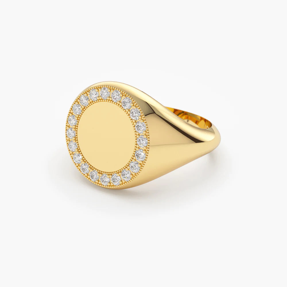 Solid Gold Diamond Round Signet Ring