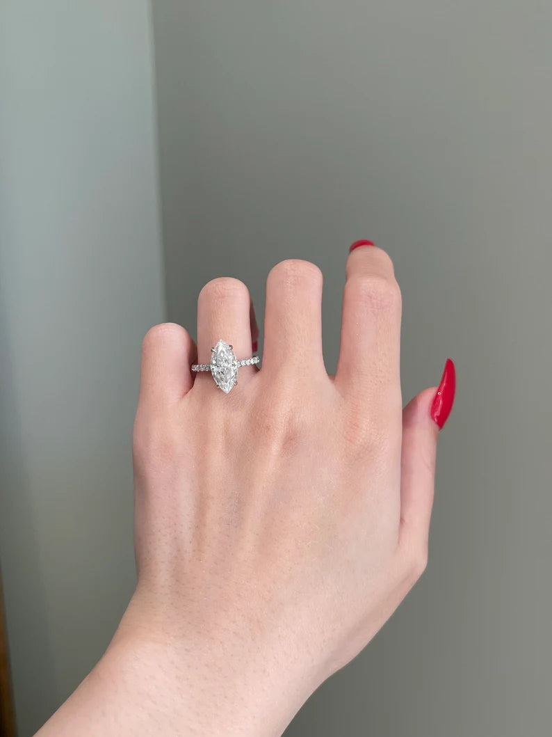 Solid Gold 4 Carat Marquise Cut Moissanite Engagement Ring (96555B)