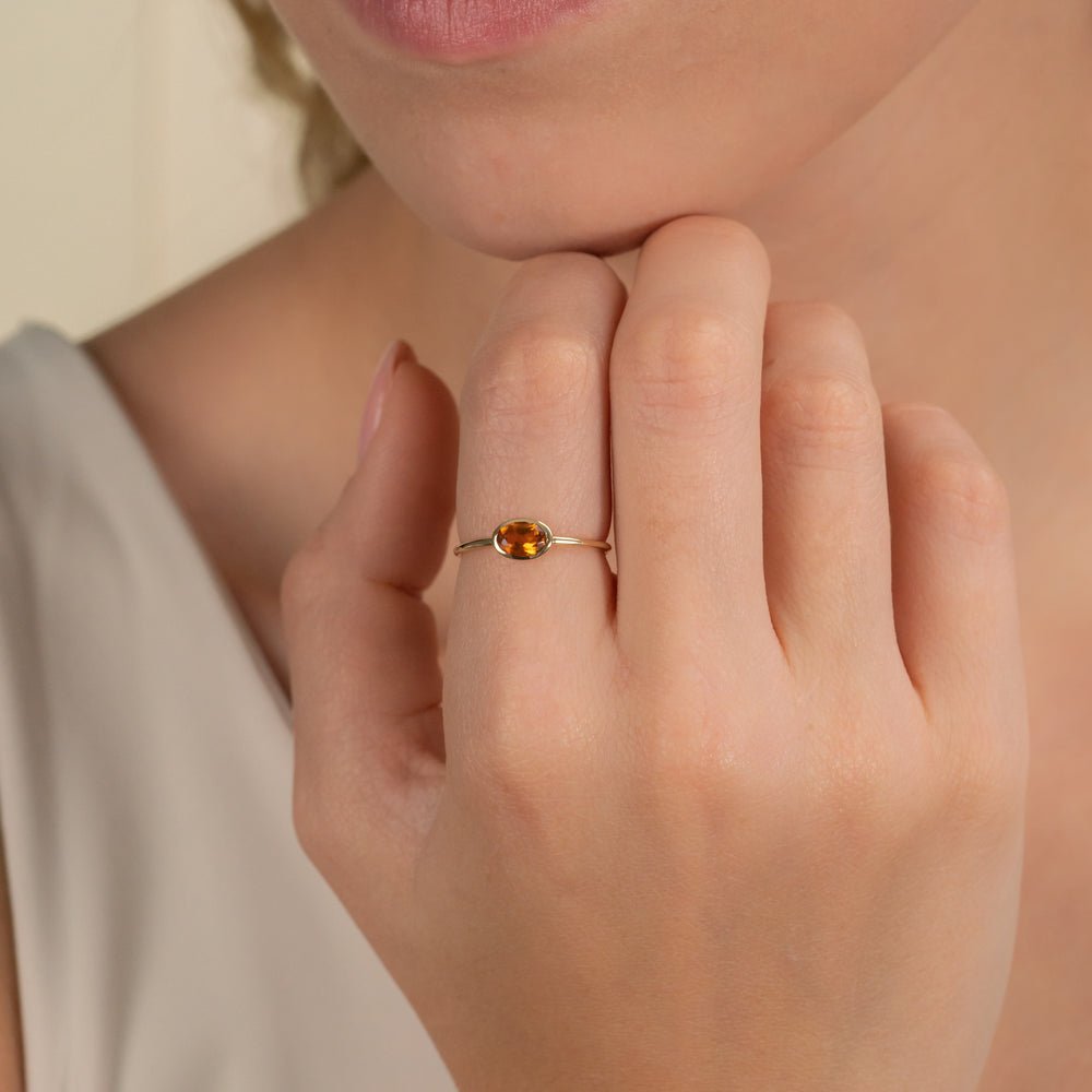 18K Solid Gold Oval Citrine Ring