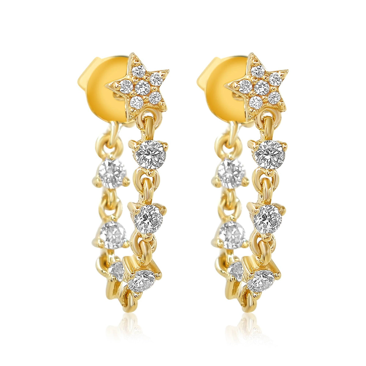 Solid Gold Diamond Star Chain Loop Earring