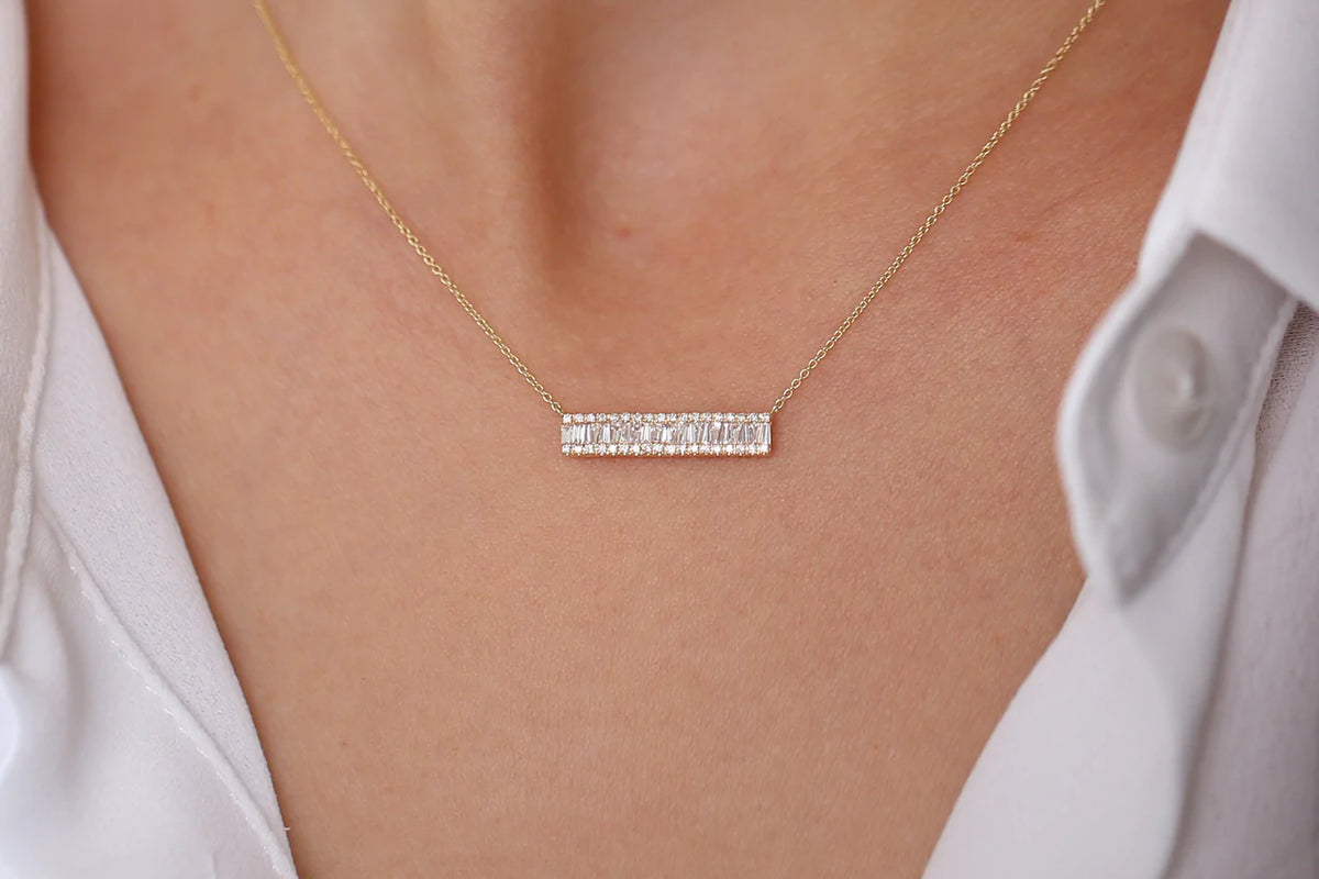 Solid Gold Baguette Diamond Horizontal Necklace