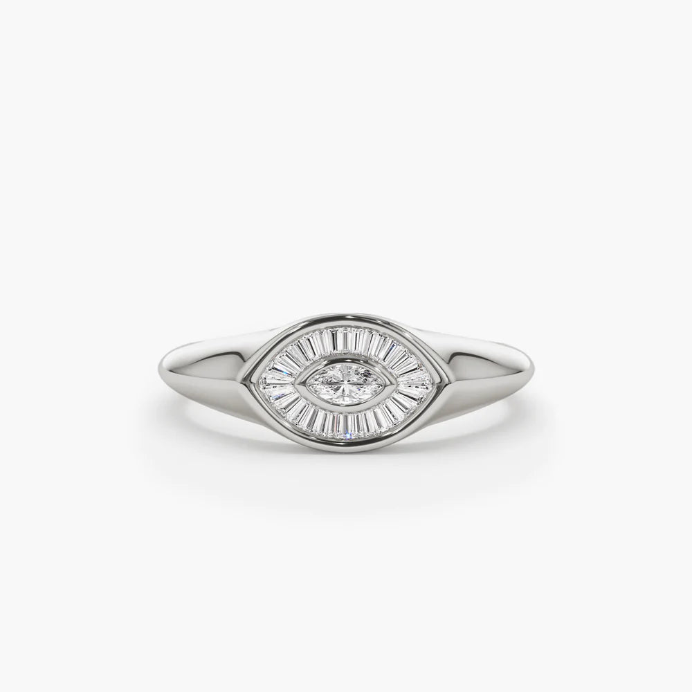 Solid Gold Marquise Shape Baguette Diamond Ring