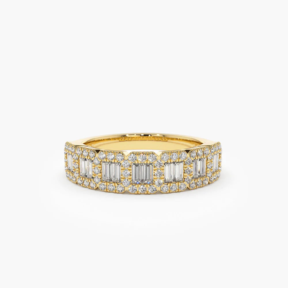Solid Gold Unique Baguette and Round Diamond Anniversary Ring