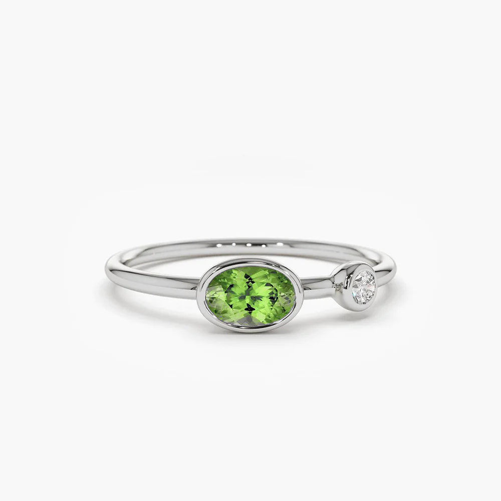 Solid Gold Oval Peridot and Diamond Ring
