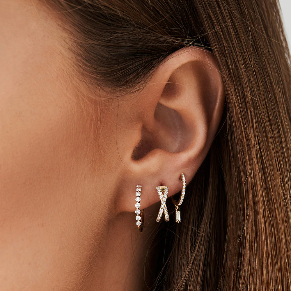 Solid Gold Lab-Grown Diamond Huggies with Dangling Baguette Diamond Earring