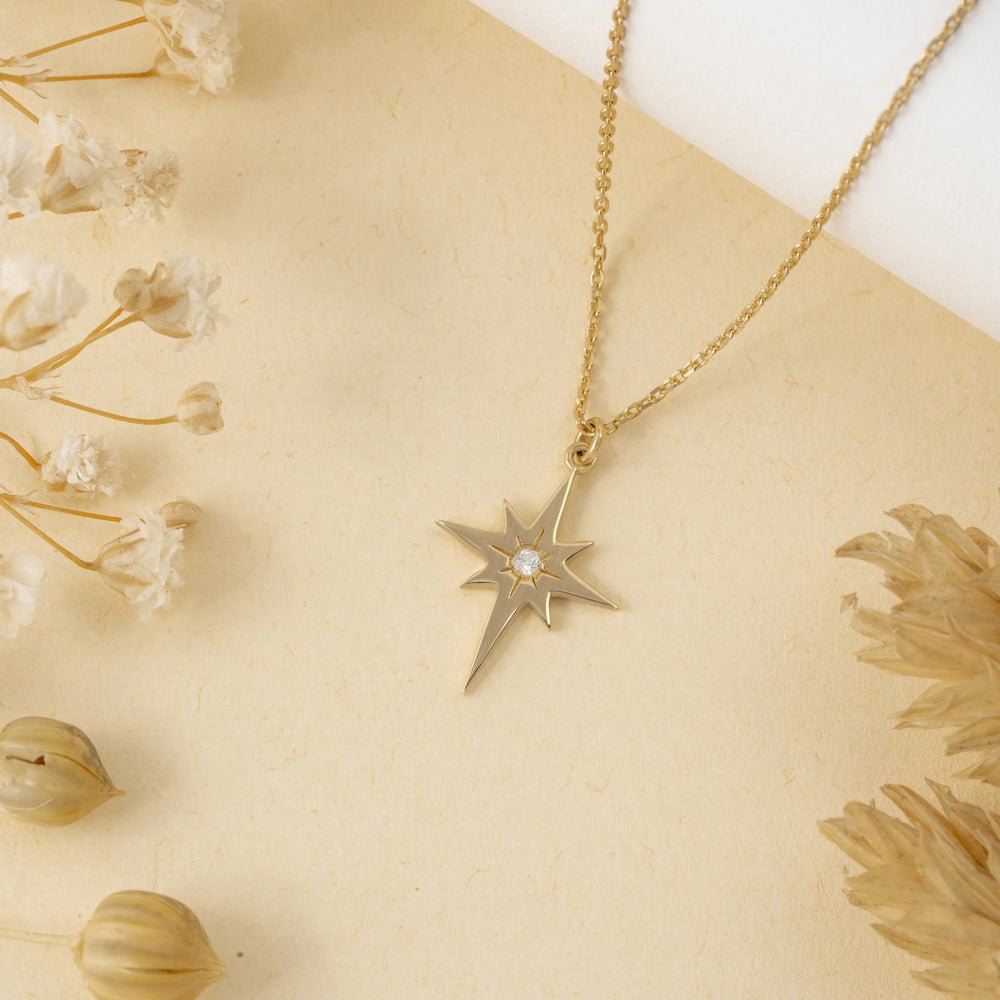 Solid Gold North Star Diamond Necklace (A746B6)