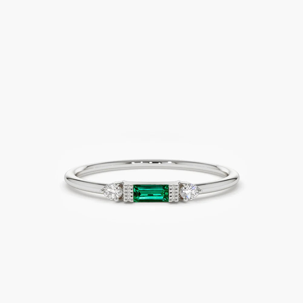 Solid Gold Baguette Emerald with Diamond Ring