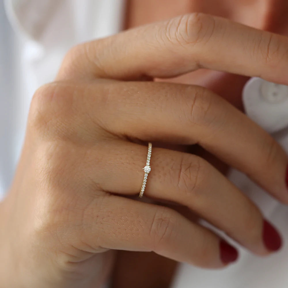 Solid Gold Minimalist Pave Diamond Stacking Ring